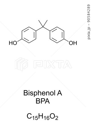 Bisphenol A, BPA, chemical formula and skeletal structure. Chemical compound used in the manufacturing of various plastics. Its largest single application is as co-monomer in polycarbonate production. 90584289