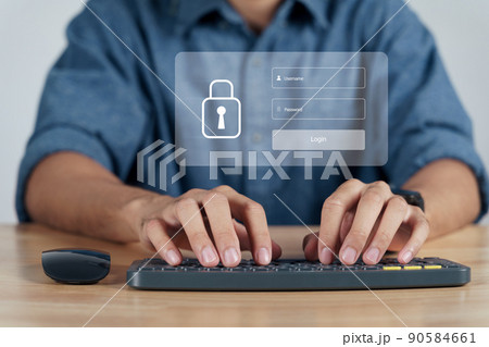 Businessman protecting personal data on computer with Login virtual interfaces. Lock icon and internet network security technology. Cybersecurity and privacy concepts. Businessman protecting personal data on computer with Login virtual interfaces. Lock icon and internet network security technology. Cybersecurity and privacy concepts. 90584661