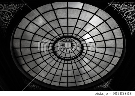 Brussels City Center, Brussels Capital Region - Belgium - Art Nouveau decorated round glass ceiling of the brussels Toy museum 90585338