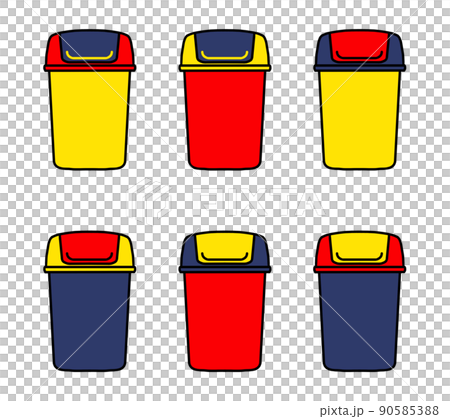 Set of 6 red, blue and yellow trash can illustrations 90585388