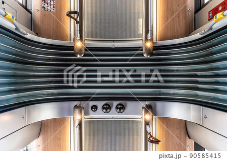 Brussels Old Town, Brussels Capital Region - Belgium - Contemporary interior design of a modern tramway during the Brussels lockdown indicating safe seats 90585415
