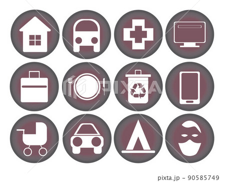 Vector set of 12 round icons with city related items, grey with pink hue 90585749