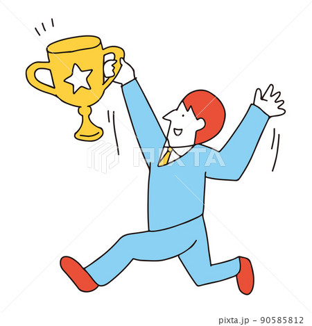 表彰トロフィーをもらって喜んでいるビジネスマンの男性のイラストレーション 表彰トロフィーをもらって喜んでいるビジネスマンの男性のイラストレーション 90585812