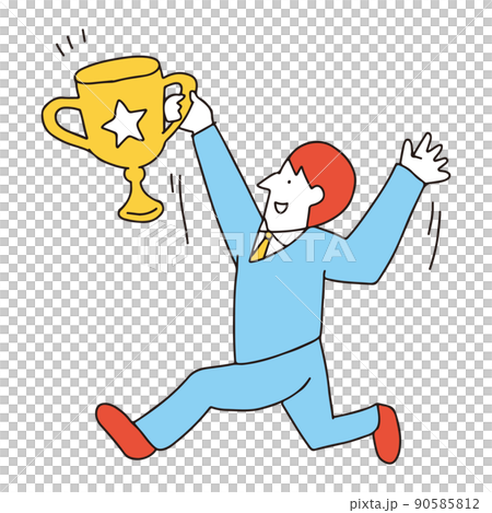 表彰トロフィーをもらって喜んでいるビジネスマンの男性のイラストレーション 表彰トロフィーをもらって喜んでいるビジネスマンの男性のイラストレーション 90585812