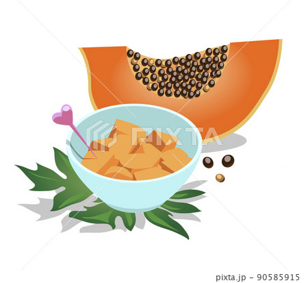 Fresh papaya fruit halved and papaya pieces served in a bowl with a spike. Isolated on white background Fresh papaya fruit halved and papaya pieces served in a bowl with a spike. Isolated on white background 90585915