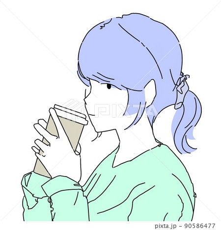 コーヒーカップでコーヒーを飲む女性のイラストのイラスト素材