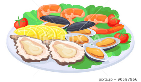 Shellfish snack platter. Oysters and mussel dish. Roasted shrimp 90587966