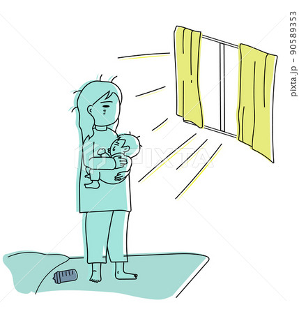 夜泣きする赤ちゃんをあやし続けていたら朝日が差し込んできて茫然とする母親 90589353