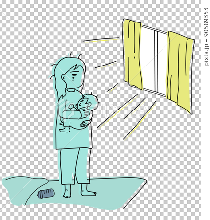 夜泣きする赤ちゃんをあやし続けていたら朝日が差し込んできて茫然とする母親 90589353