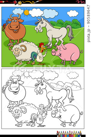 funny cartoon cattle farm animals group coloring book page 90589647