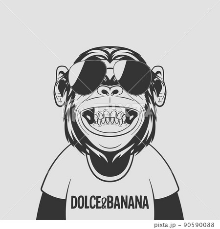 VectorFunny Smiling Black and White Monochrome Fashion Chimpanzee Ape with Sunglasses. Happy Monkey with Glasses for Wall Art, T-shirt Print, Poster. Cartoon Cute Chimp Monkey VectorFunny Smiling Black and White Monochrome Fashion Chimpanzee Ape with Sunglasses. Happy Monkey with Glasses for Wall Art, T-shirt Print, Poster. Cartoon Cute Chimp Monkey 90590088