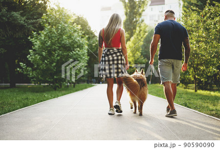 Young beautiful couple walking the dog in the summer park 90590090