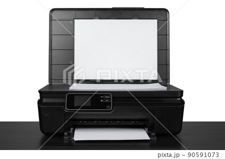 Laser home printer on table against white backgorund Laser home printer on table against white backgorund 90591073