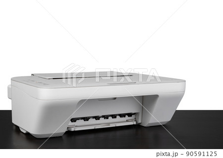 Laser home printer on table against white backgorund Laser home printer on table against white backgorund 90591125