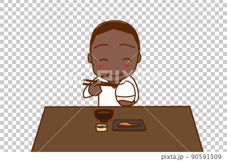 （正面）大盛のご飯と和食を食卓で笑顔になって食べるアフリカ系男性 90591509