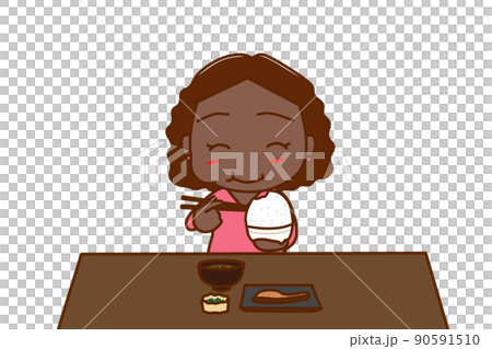 （正面）大盛のご飯と和食を食卓で笑顔になって食べるアフリカ系女性 90591510