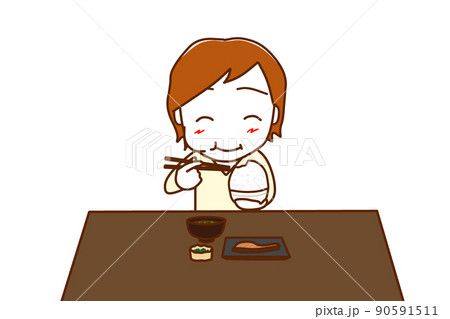 （正面）大盛のご飯と和食を食卓で笑顔になって食べる白人男性 90591511