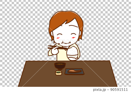 （正面）大盛のご飯と和食を食卓で笑顔になって食べる白人男性 90591511