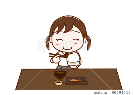 （正面）大盛のご飯と和食を食卓で笑顔になって食べる女子学生 90591515