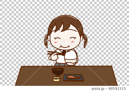 （正面）大盛のご飯と和食を食卓で笑顔になって食べる女子学生 90591515