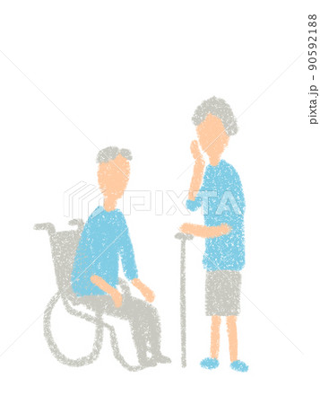 車いすに座る高齢男性と杖をつく高齢女性の手描きイラストのイラスト素材