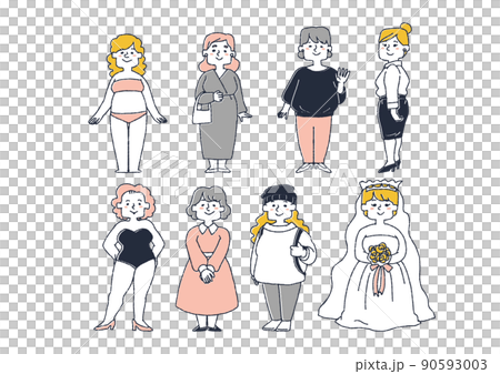 A set of plump and attractive women enjoying fashion, a comical handwritten person A set of plump and attractive women enjoying fashion, a comical handwritten person 90593003