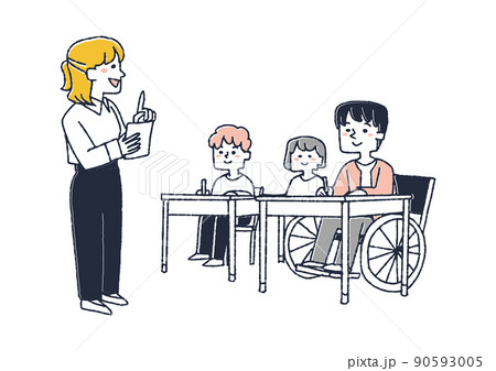 学校で授業を受ける車椅子の生徒　身体障害者も他の子供達共に同じクラスで学ぶ　コミカルな手書きの人物　 90593005