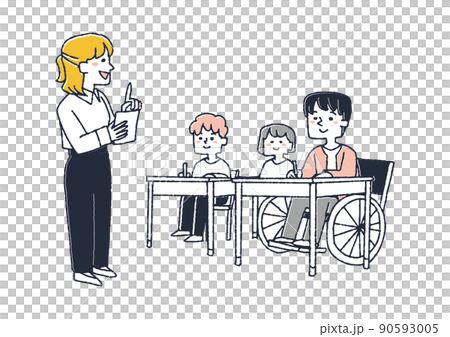 学校で授業を受ける車椅子の生徒　身体障害者も他の子供達共に同じクラスで学ぶ　コミカルな手書きの人物　 90593005