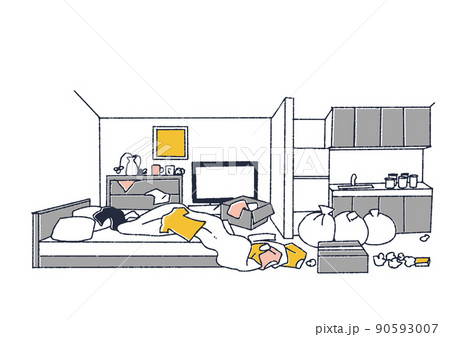 とても散らかっている部屋 怠惰な習慣の結果 温かみのある線画 とても散らかっている部屋 怠惰な習慣の結果 温かみのある線画 90593007
