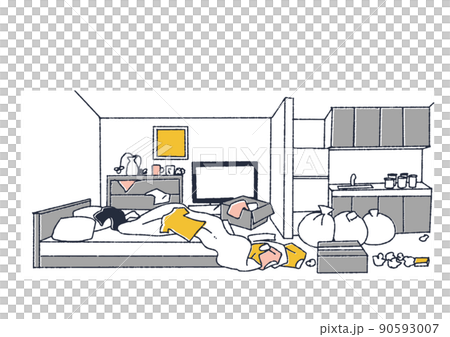 とても散らかっている部屋 怠惰な習慣の結果 温かみのある線画 とても散らかっている部屋 怠惰な習慣の結果 温かみのある線画 90593007
