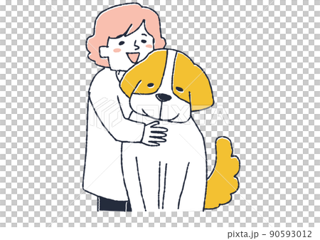 A woman embracing her pet St. Bernard, a comical handwritten person vector, a warm line drawing 90593012