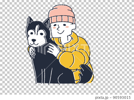 A man who loves his pet Siberian Husky, a comical handwritten person vector, a warm line drawing A man who loves his pet Siberian Husky, a comical handwritten person vector, a warm line drawing 90593015