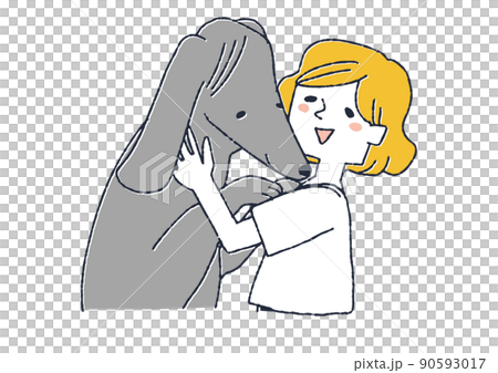 A woman who loves her pet Borzoi, a comical handwritten person vector, a warm line drawing A woman who loves her pet Borzoi, a comical handwritten person vector, a warm line drawing 90593017