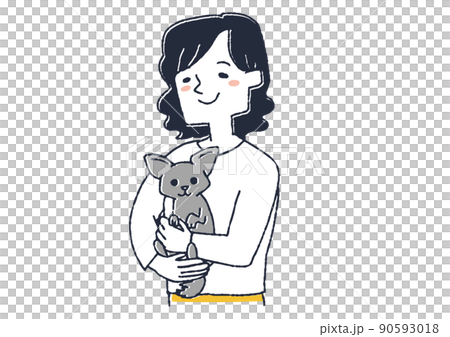 A woman who loves her pet Chihuahua, a comical handwritten person vector, a warm line drawing 90593018