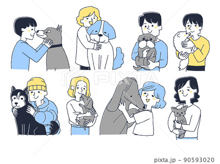 さまざまな犬種のペットを愛している幸福な飼い主たち　コミカルな手書きの人物 90593020