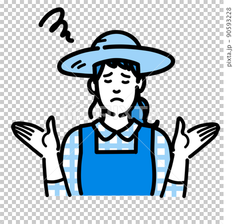 両手を上げて困っている麦わら帽をかぶった農家の女性 90593228