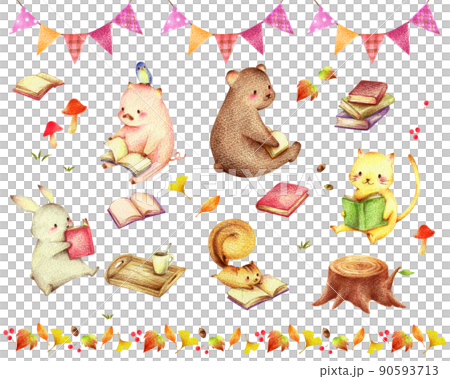 動物の読書の秋のイメージセット　手描き色鉛筆画 90593713