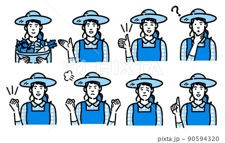 麦わら帽をかぶった農家の女性の仕草、ジェスチャーのセット 90594320