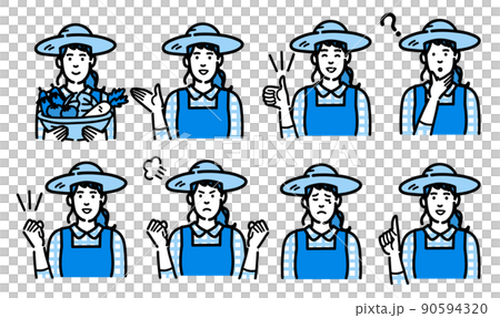 麦わら帽をかぶった農家の女性の仕草、ジェスチャーのセット 90594320