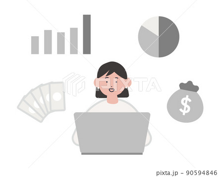 ネット副業で稼ぐ女性のイラスト 90594846