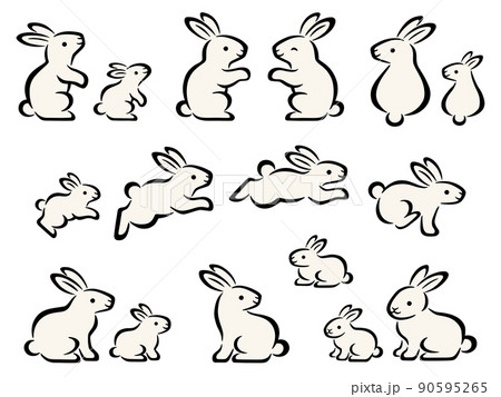 手描き風の白ウサギのイラストセット 90595265