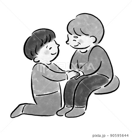 孫とおばあちゃんが寄り添うイラスト素材　白黒 90595644