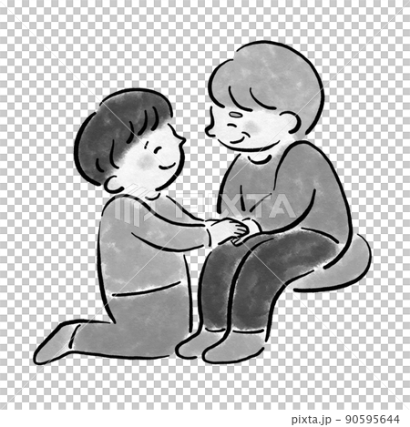 孫とおばあちゃんが寄り添うイラスト素材　白黒 90595644