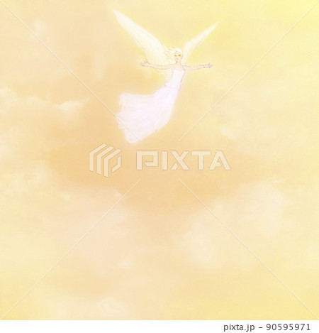 ソフトなオレンジイエローの空に舞う優しい希望の天使 90595971