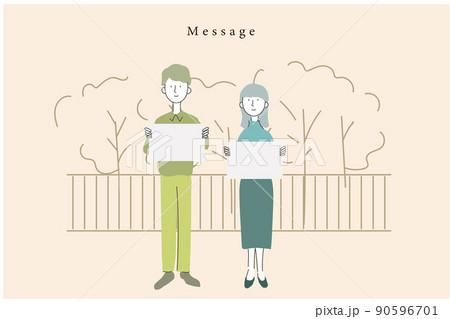 メッセージボードを持つ男性と女性のイラスト メッセージボードを持つ男性と女性のイラスト 90596701