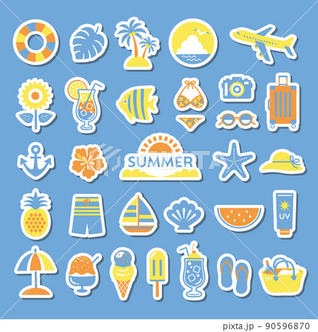 夏の旅行イラストセット 夏 海 旅行 シール風のイラスト素材