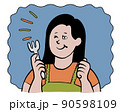 フォークで楽しそうに食事をする女性のイメージイラスト背景付き 90598109