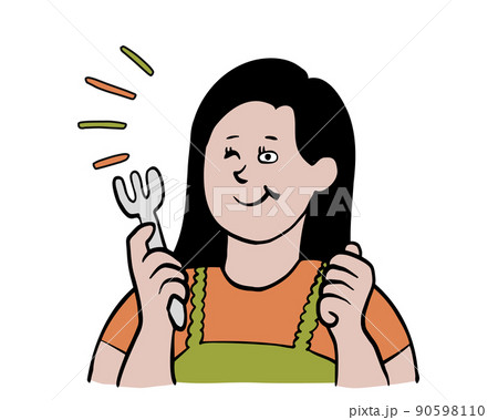 フォークで楽しそうに食事をする女性のイメージイラスト 90598110