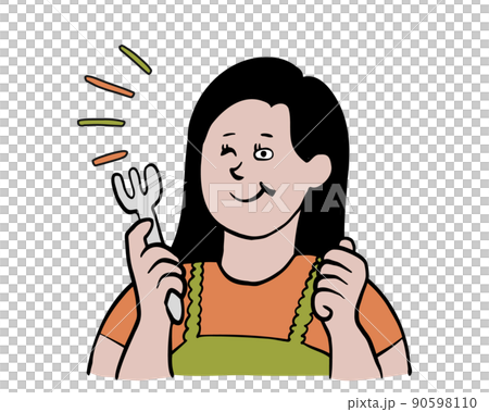 フォークで楽しそうに食事をする女性のイメージイラスト 90598110