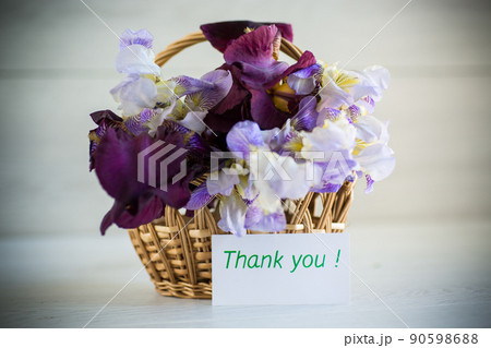 bouquet of beautiful blooming iris flowers on wooden background 90598688